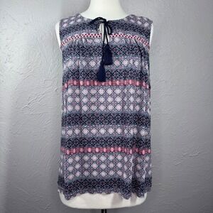 Lucky Brand Women Junior XL blue pink Sleeveless Top Tie tassels bohemian summer